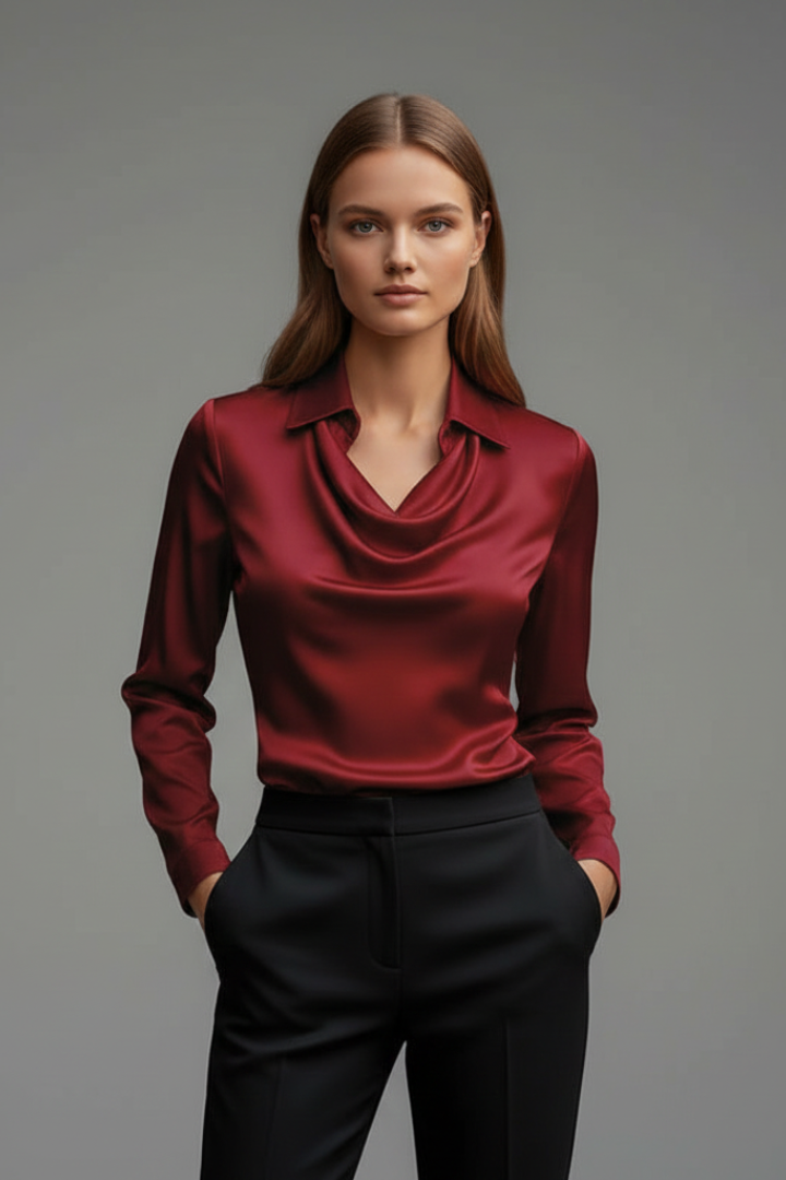 Winnie - Women's Satin Draped Collar Blouse