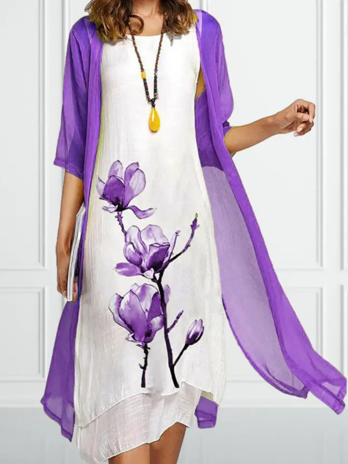Daphne - Set da donna con abito midi floreale in lino e cardigan in chiffon