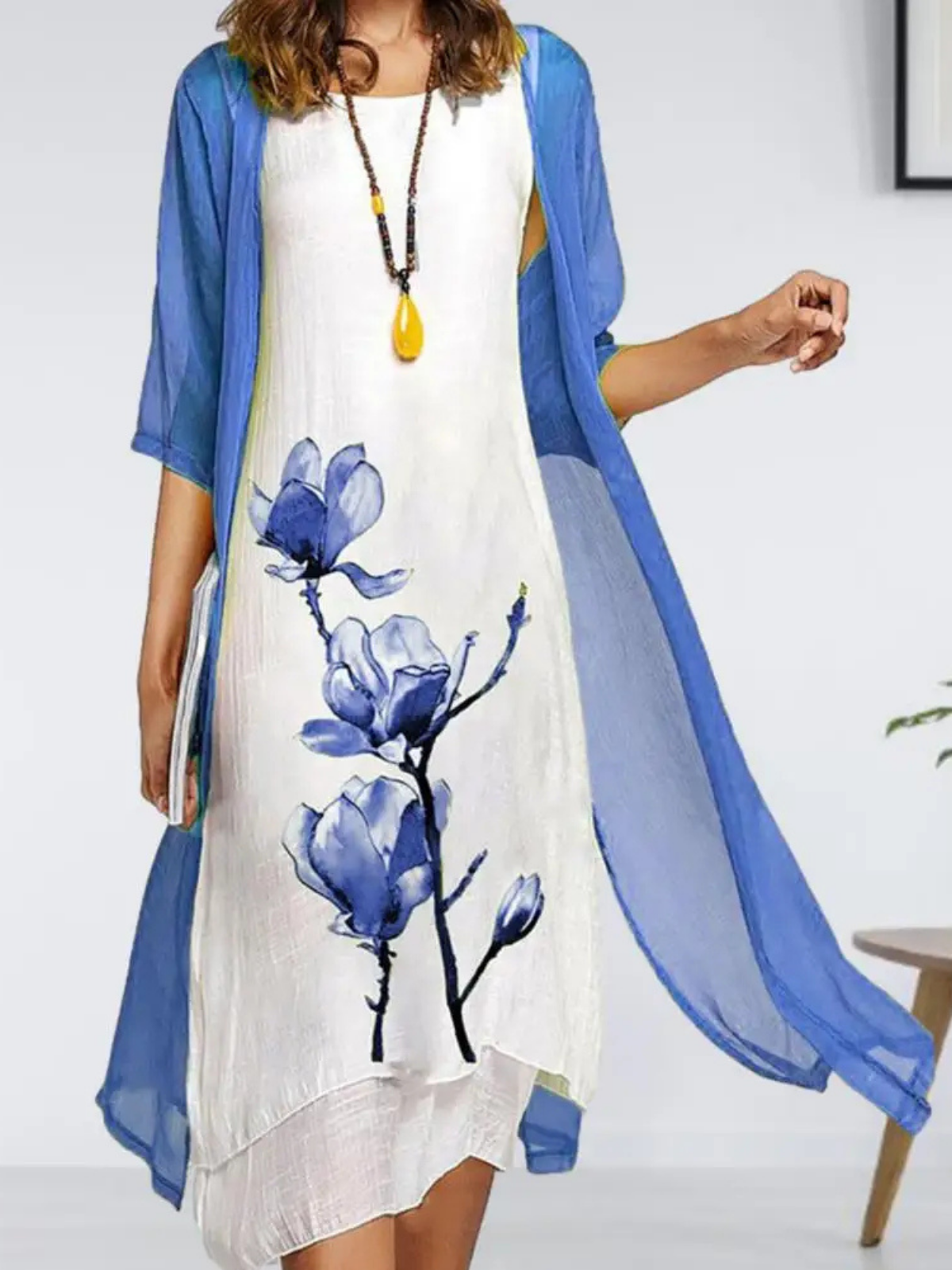 Daphne - Set da donna con abito midi floreale in lino e cardigan in chiffon