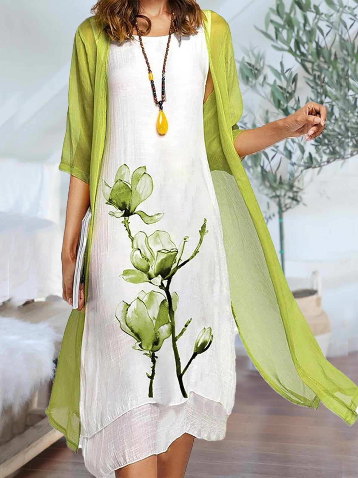 Women's Floral Linen Midi Dress and Chiffon Cardigan Set in Light Green