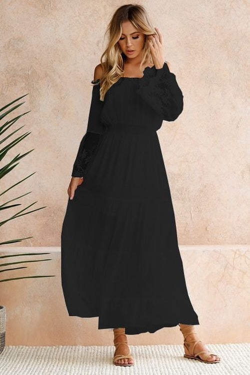 Adelaide - Women's Off-Shoulder Maxi Dress with Lace Sleeves and Tiered Skirt - photo 6