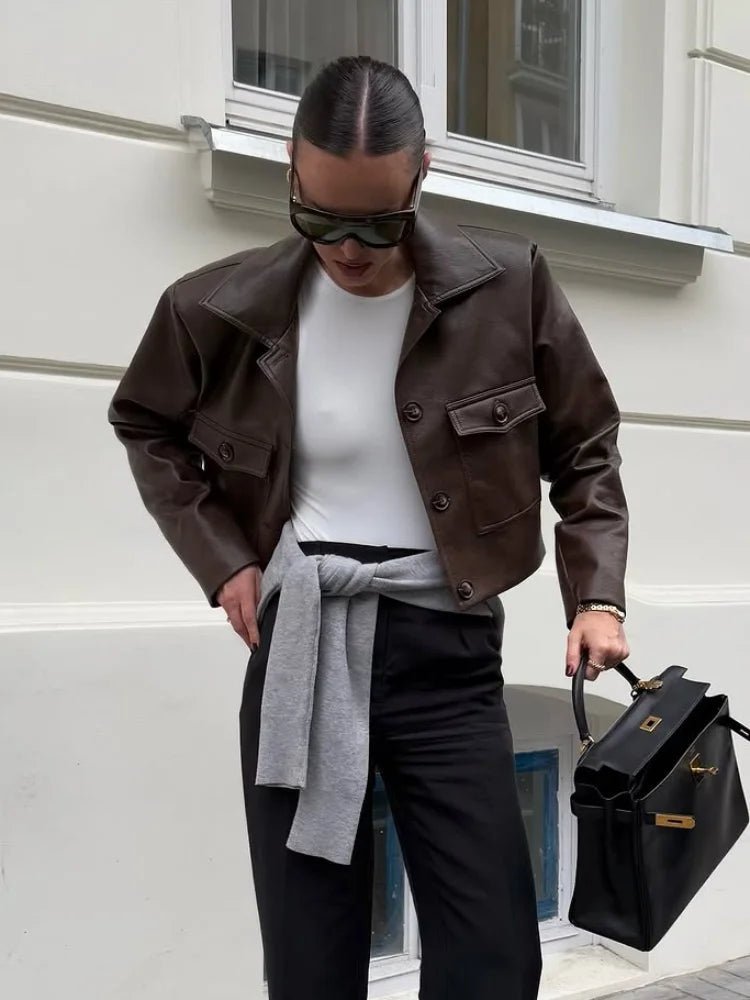 Adele - Women's Cropped Biker Jacket with Collar - photo 3