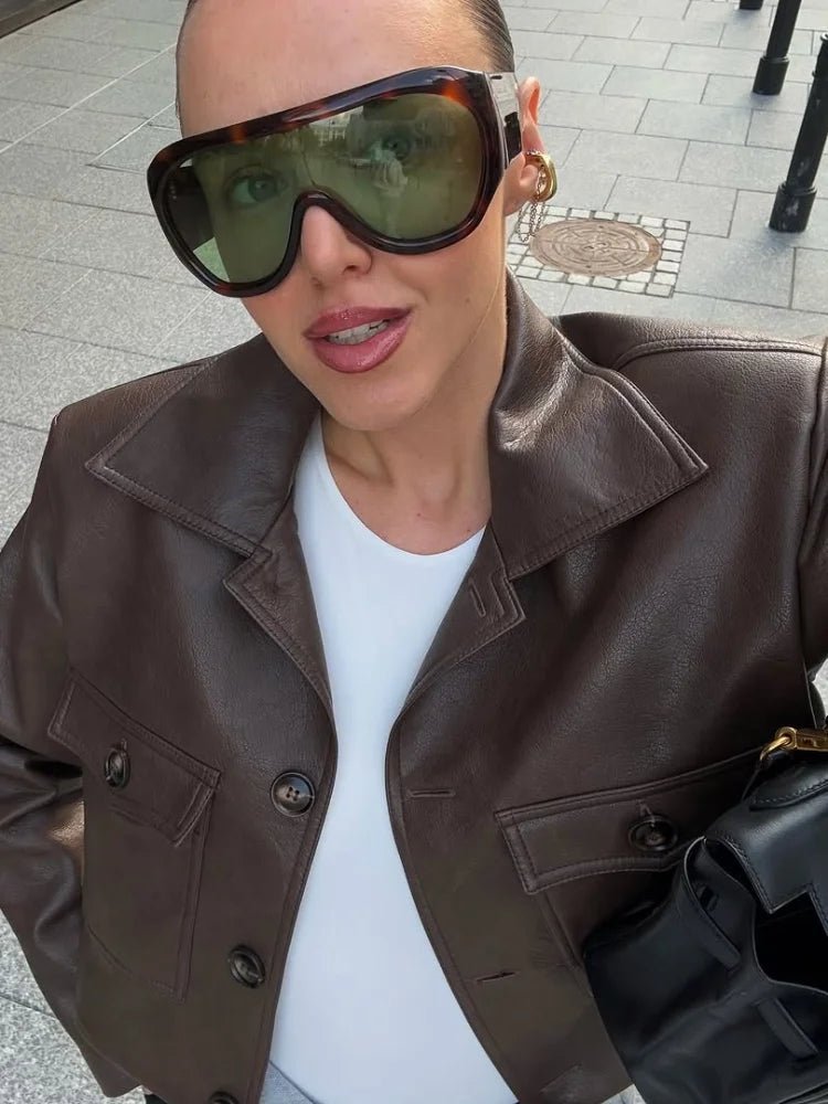 Adele - Women's Cropped Biker Jacket with Collar - photo 5