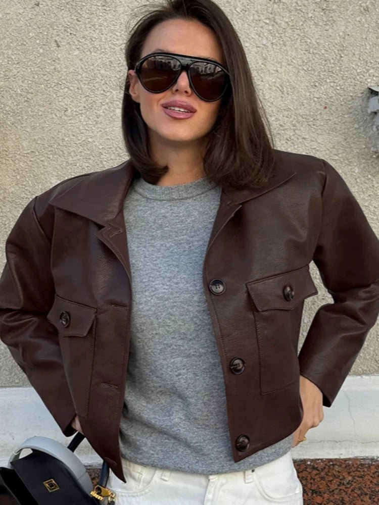 Adele - Women's Cropped Biker Jacket with Collar - photo 7