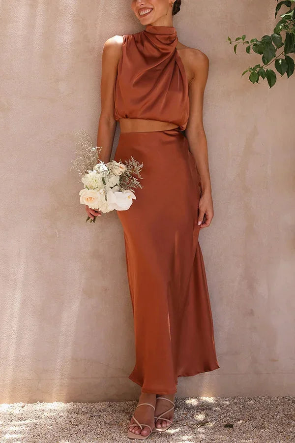 Adele - Women's Knit Draped Neck Top and Maxi Skirt Set - photo 4