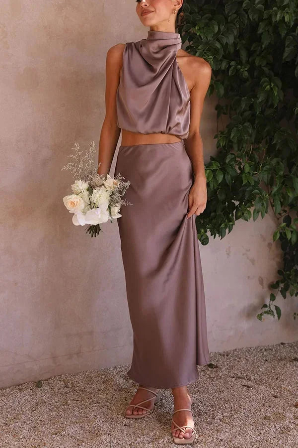 Adele - Women's Knit Draped Neck Top and Maxi Skirt Set - photo 5