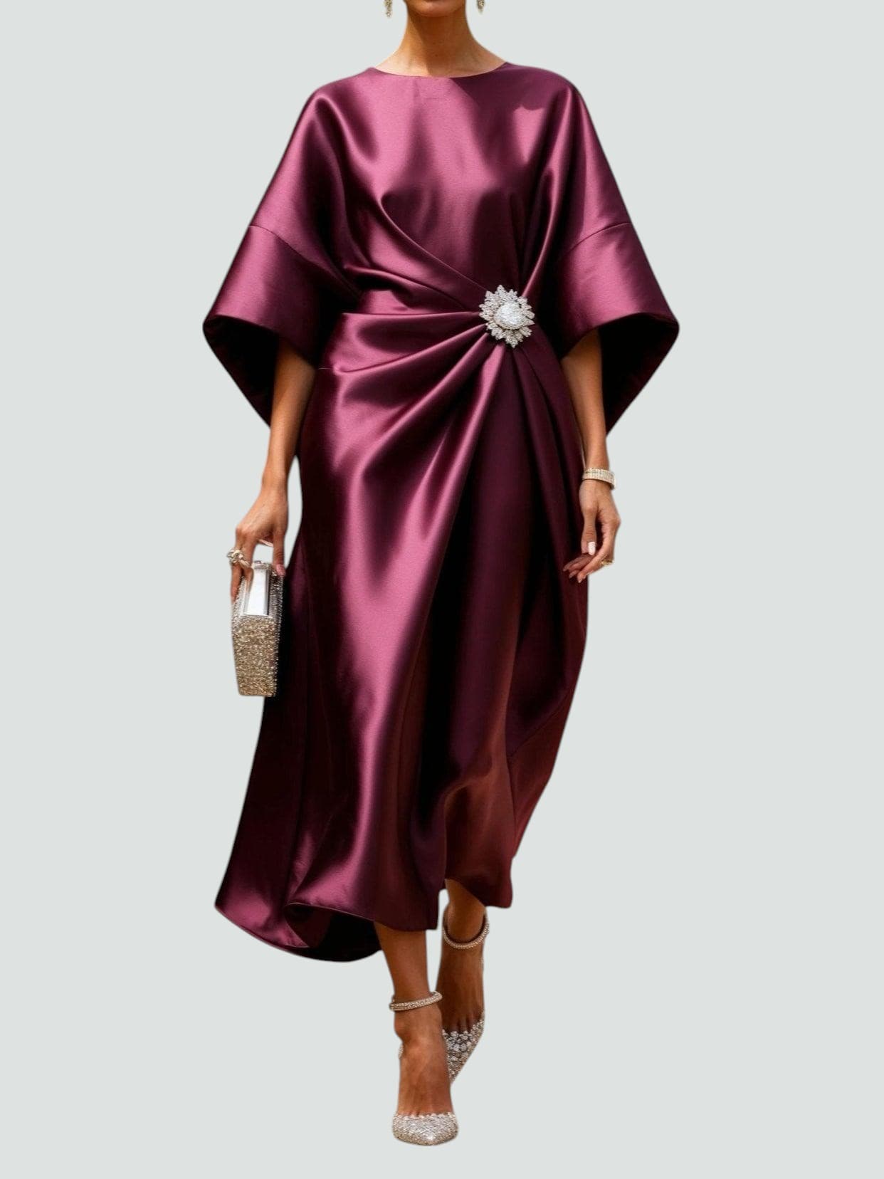 Dana - Women's Draped Midi Dress with Short Sleeves
