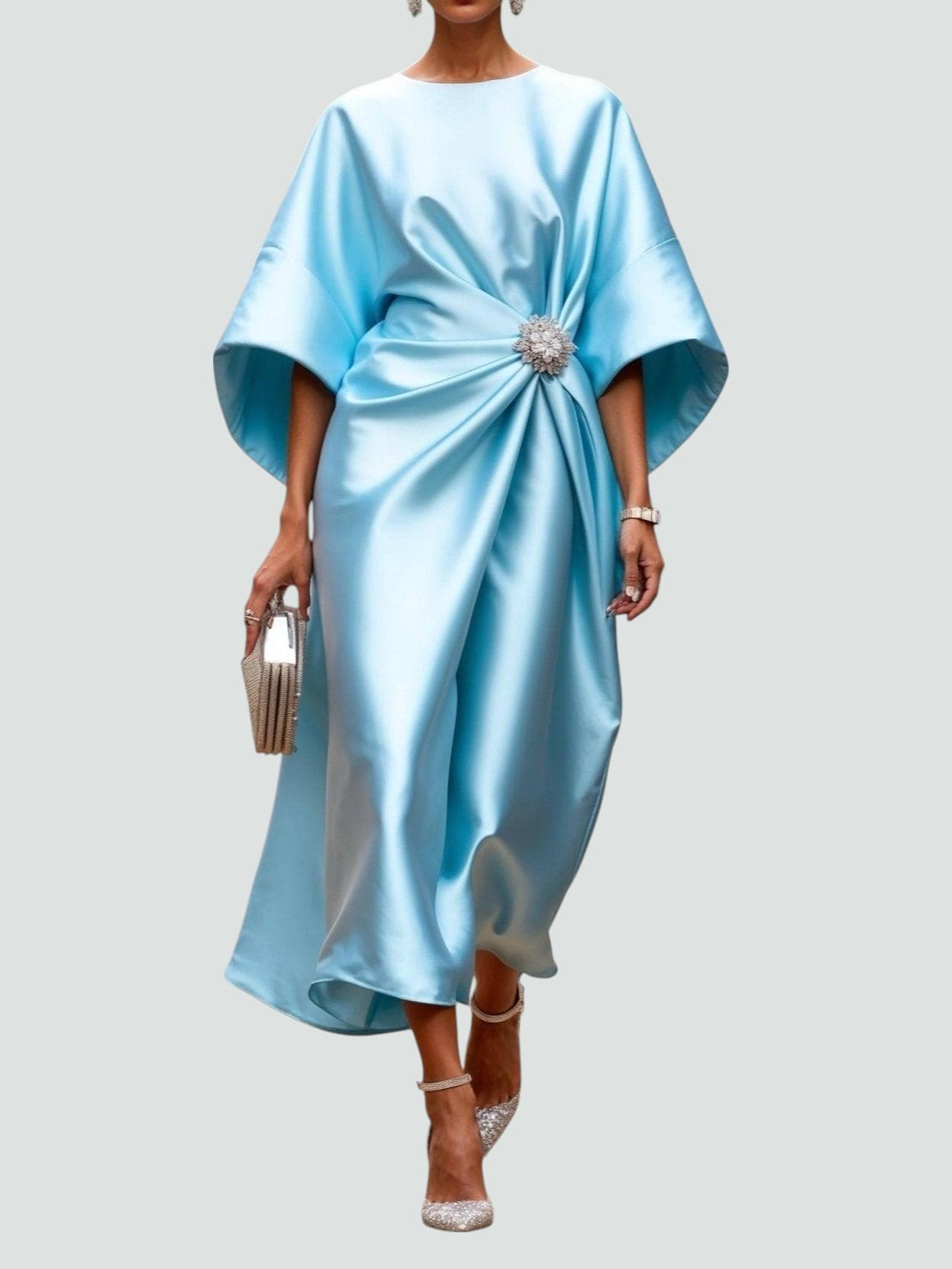 Dana - Women's Draped Midi Dress with Short Sleeves