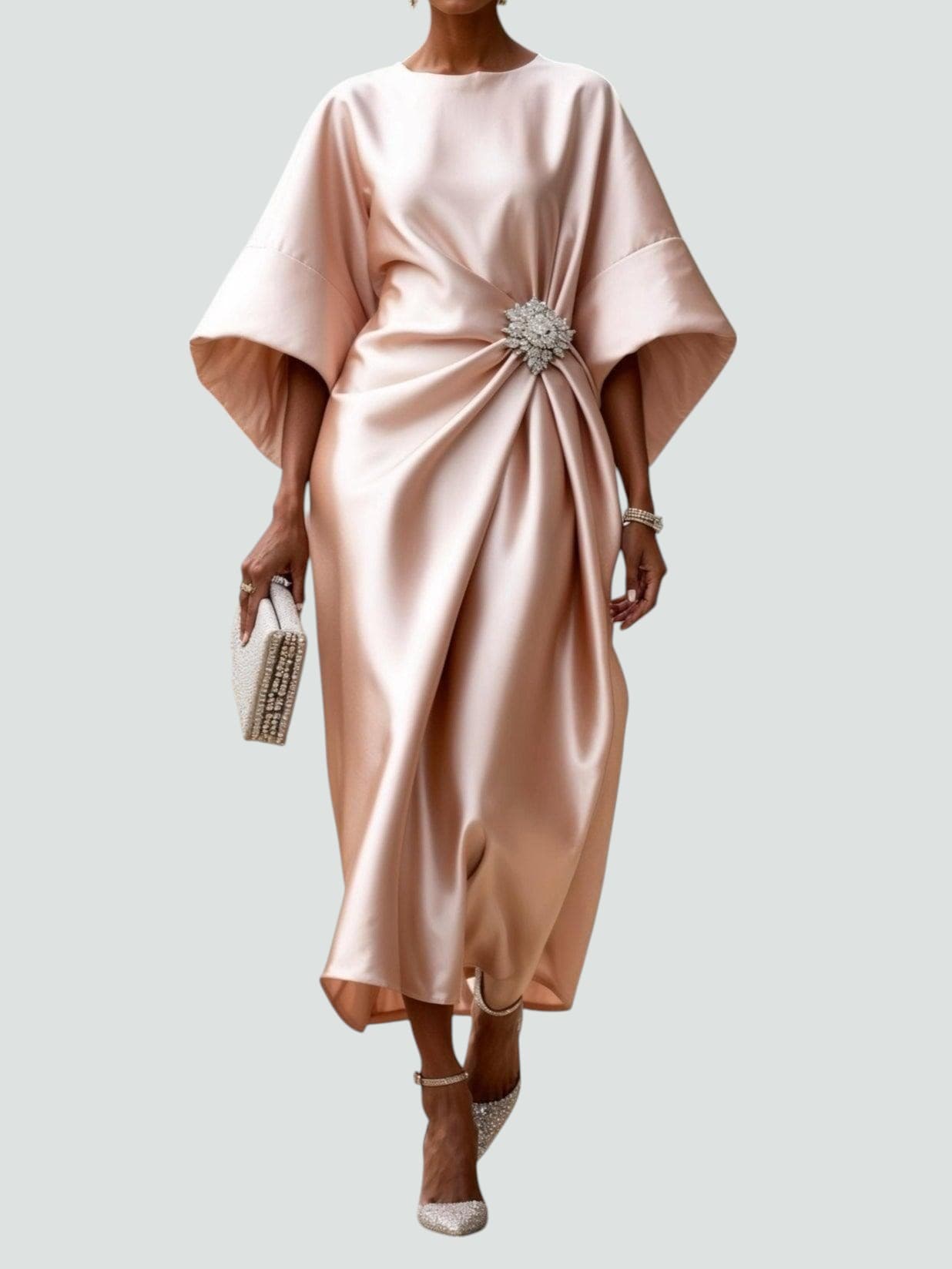 Dana - Women's Draped Midi Dress with Short Sleeves