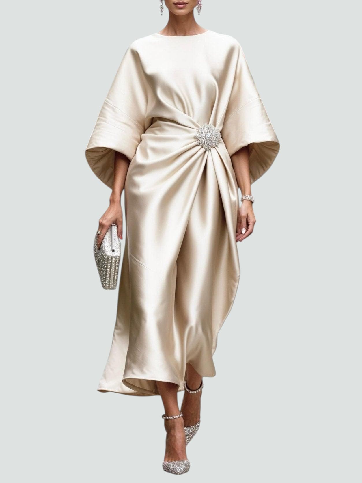 Dana - Women's Draped Midi Dress with Short Sleeves