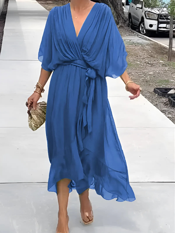 Dawn - Women's Flowing Midi Dress with a V Neck
