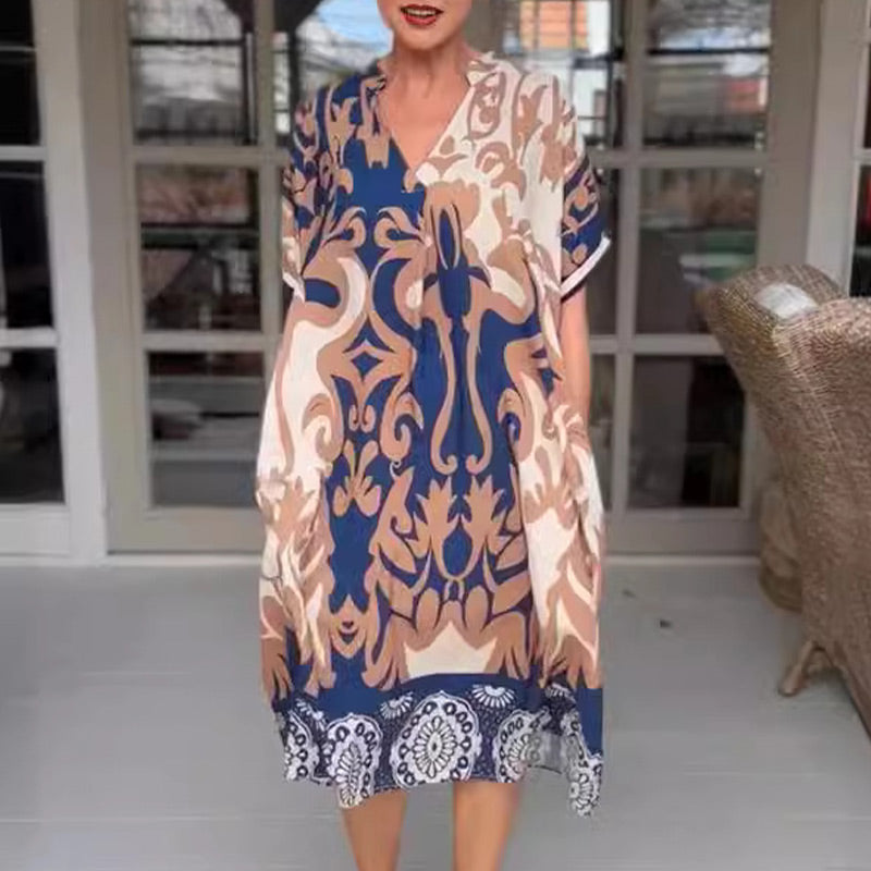 Alenka - Women's Boho Print Midi Dress with V-Neck in Blue
