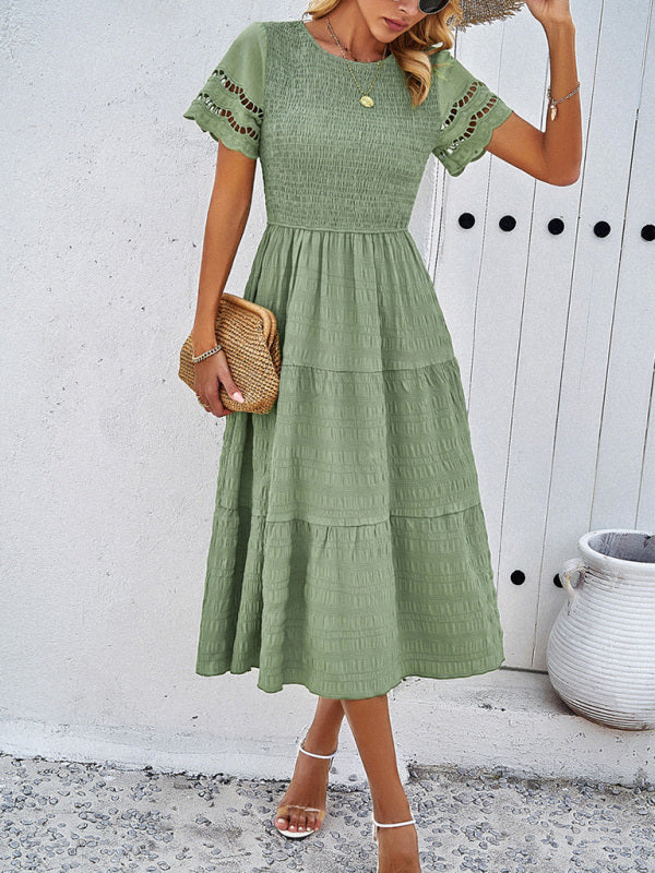 Alia - Women's Smocked Bodice Midi Dress with Hollow-Out Lace Sleeves - photo 17