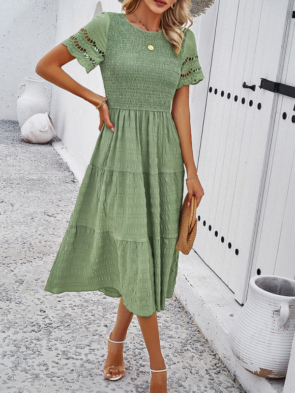 Alia - Women's Smocked Bodice Midi Dress with Hollow-Out Lace Sleeves - photo 18