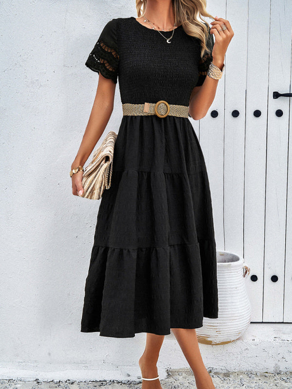 Alia - Women's Smocked Bodice Midi Dress with Hollow-Out Lace Sleeves - photo 21