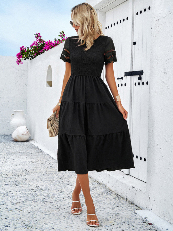Alia - Women's Smocked Bodice Midi Dress with Hollow-Out Lace Sleeves - photo 22