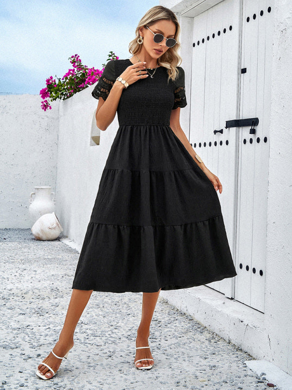 Alia - Women's Smocked Bodice Midi Dress with Hollow-Out Lace Sleeves - photo 23