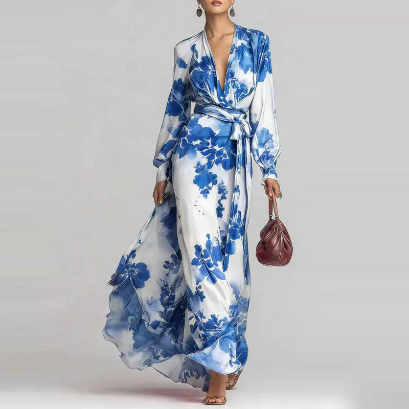 Adele - Women's Belted Maxi Dress with a Deep Neckline