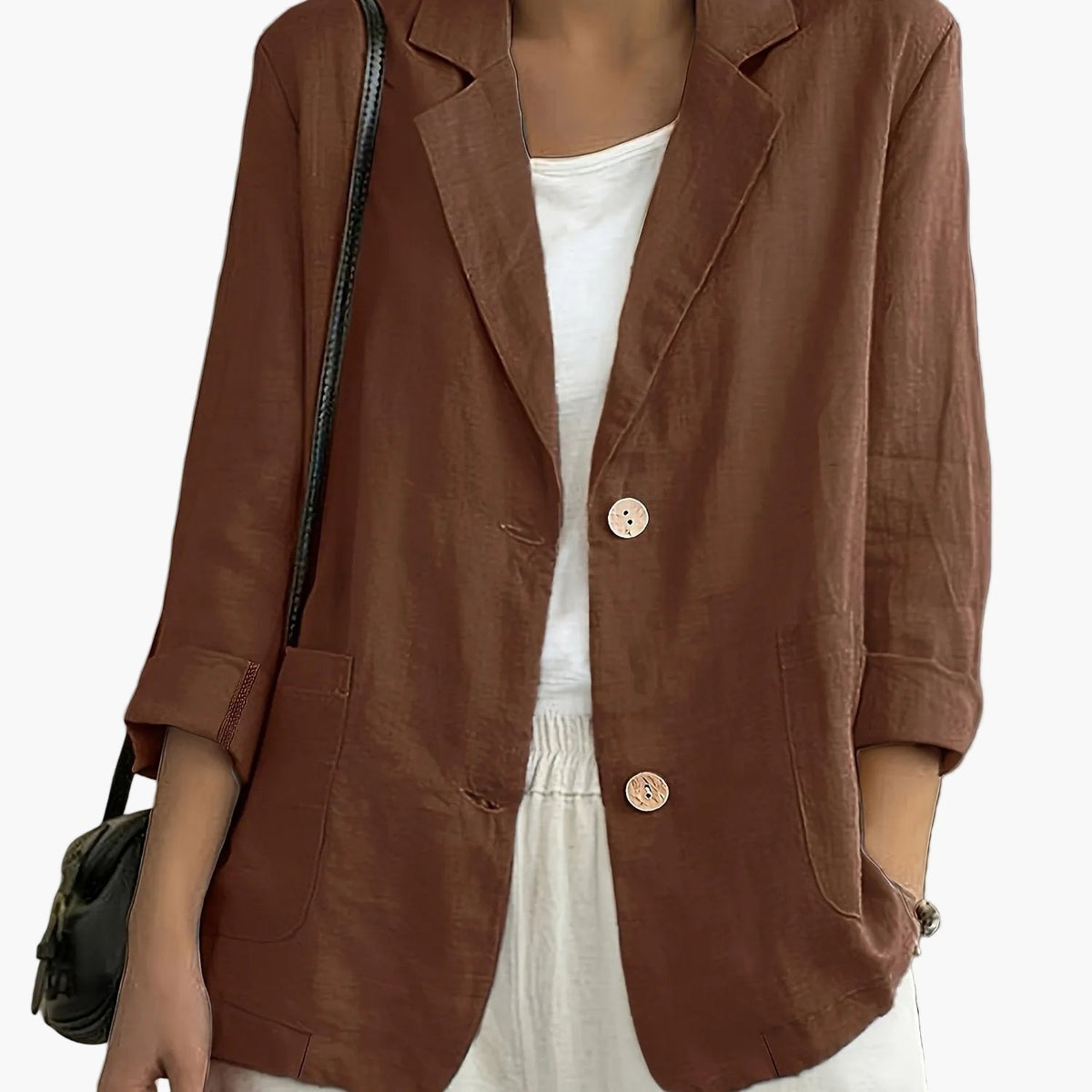Antonia - Women's Two-Button Blazer with Roll-Up Sleeves in Coffee