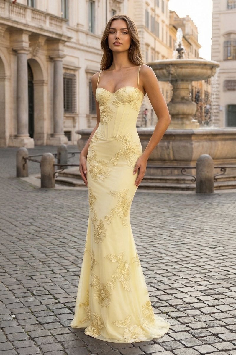Women's Floral Embroidery Prom Dress in Yellow