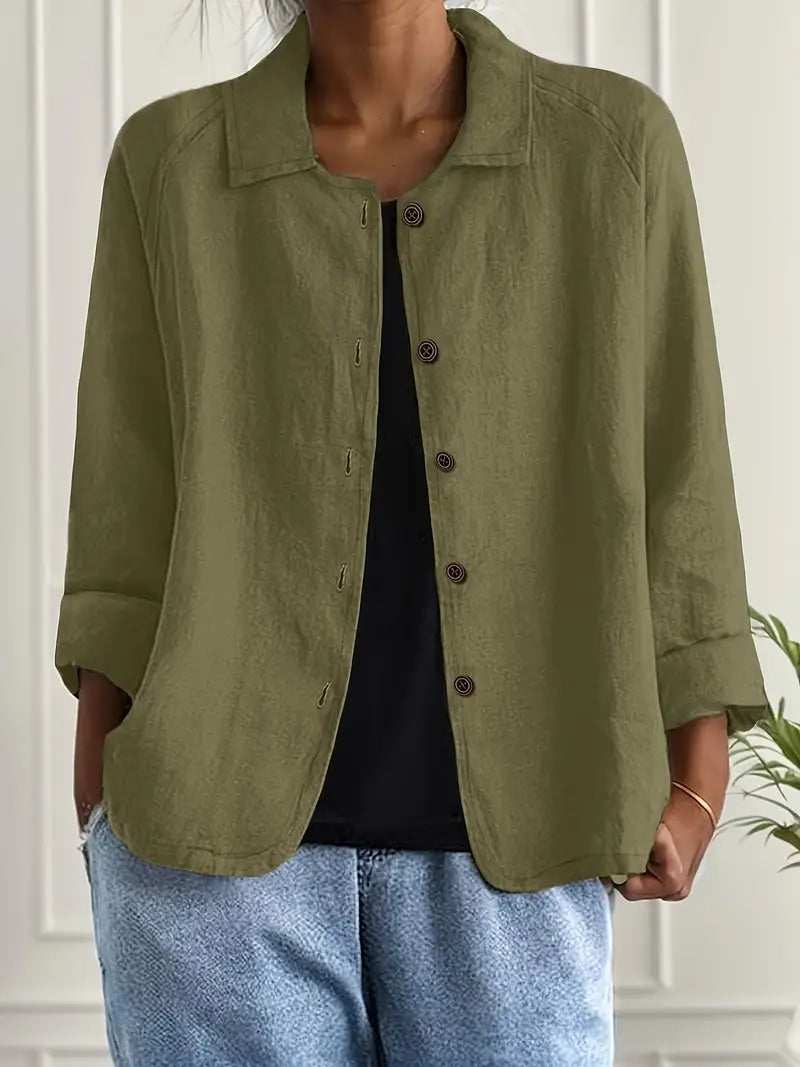 Women's linen-look button front overshirt in olive green