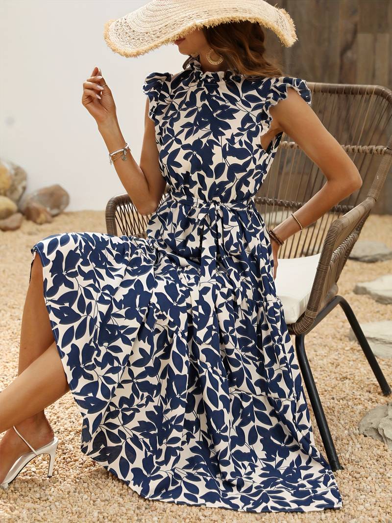 Eleanor - Women's Ruffled Sleeve Leaf Print Summer Dress with Belt