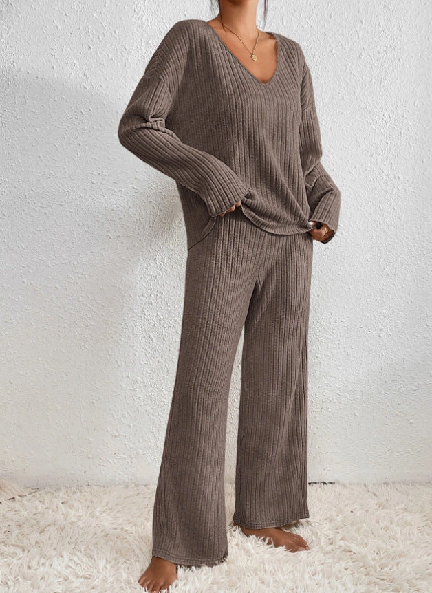 Stella - Women's V-Neck Ribbed Knit Lounge Set