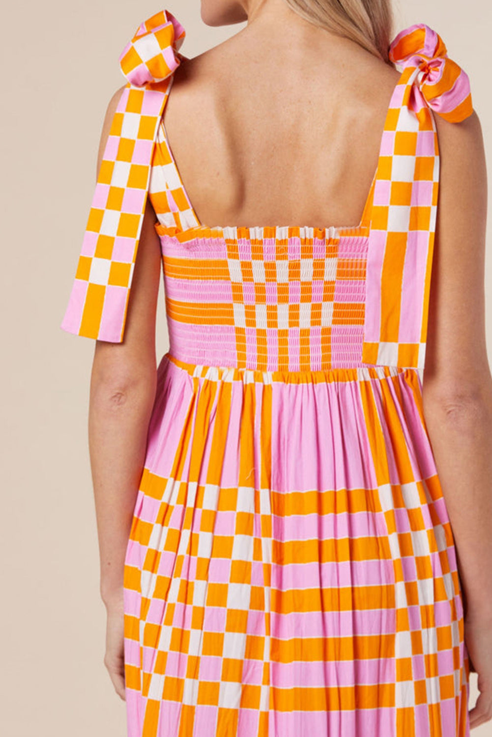 Naomi - Women's Boho Gingham Smocked Maxi Dress with Tied Straps