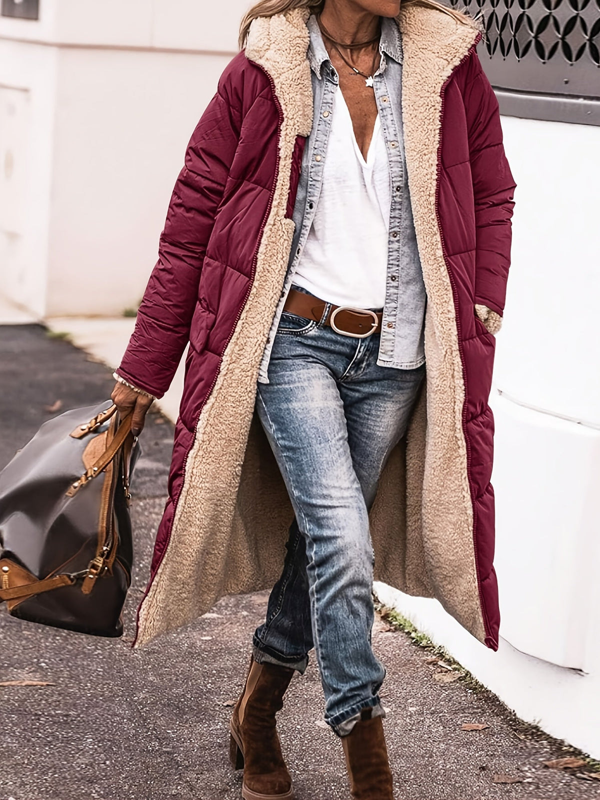 Women's Long Open Coat with Teddy Lining