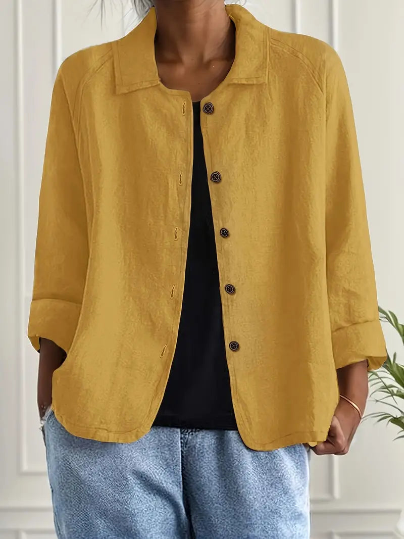 Women's linen-look button front overshirt in mustard
