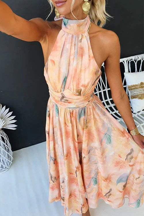 Jean - Women's Pleated Midi Dress with a Halter Neck