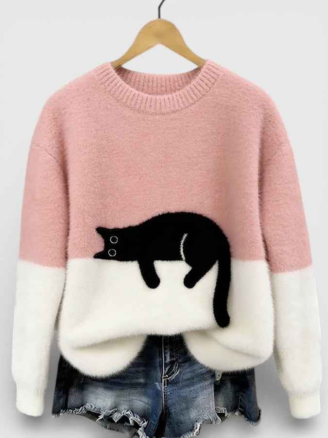 Cassidy - Women's Jumper in Colour Block with Cat Print - photo 3