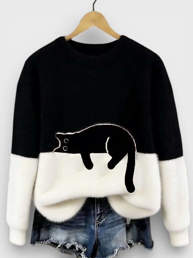 Cassidy - Women's Jumper in Colour Block with Cat Print - photo 4