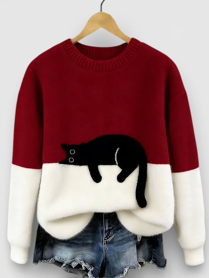 Cassidy - Women's Jumper in Colour Block with Cat Print - photo 5