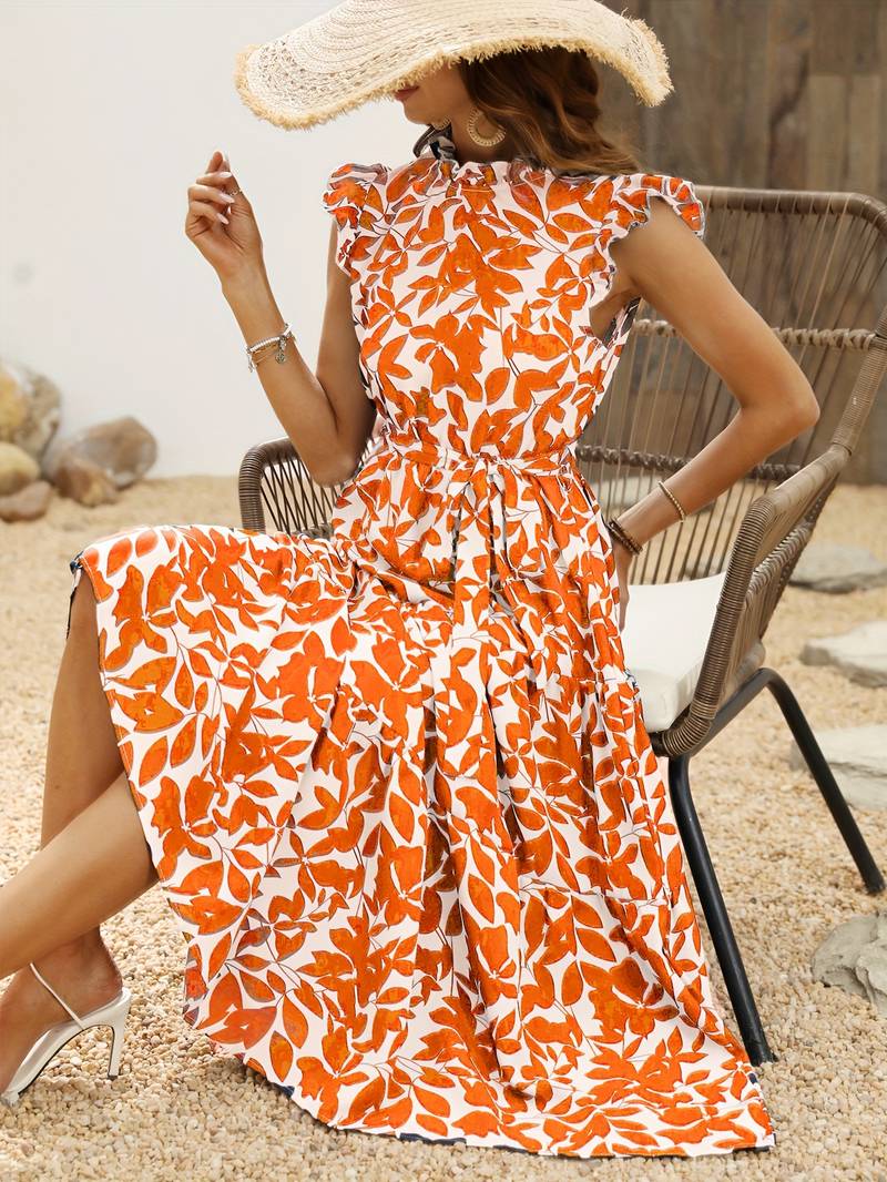 Eleanor - Women's Ruffled Sleeve Leaf Print Summer Dress with Belt