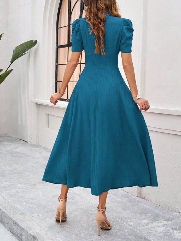 Cecily - Women's V-Neck Midi Dress with Puff Sleeves and Ruched Waist - photo 16