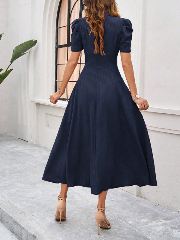 Cecily - Women's V-Neck Midi Dress with Puff Sleeves and Ruched Waist - photo 20