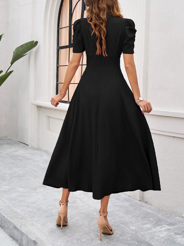 Cecily - Women's V-Neck Midi Dress with Puff Sleeves and Ruched Waist - photo 30