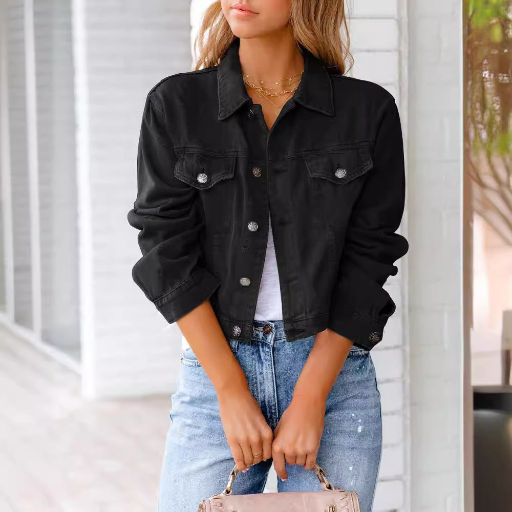 Chelsea - Women's Cropped Denim Jacket with Button Front - photo 7