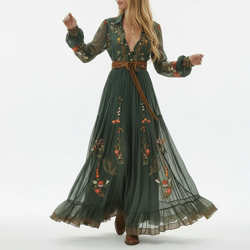 Jodie - Women's Embroidered Maxi Dress with a Belt