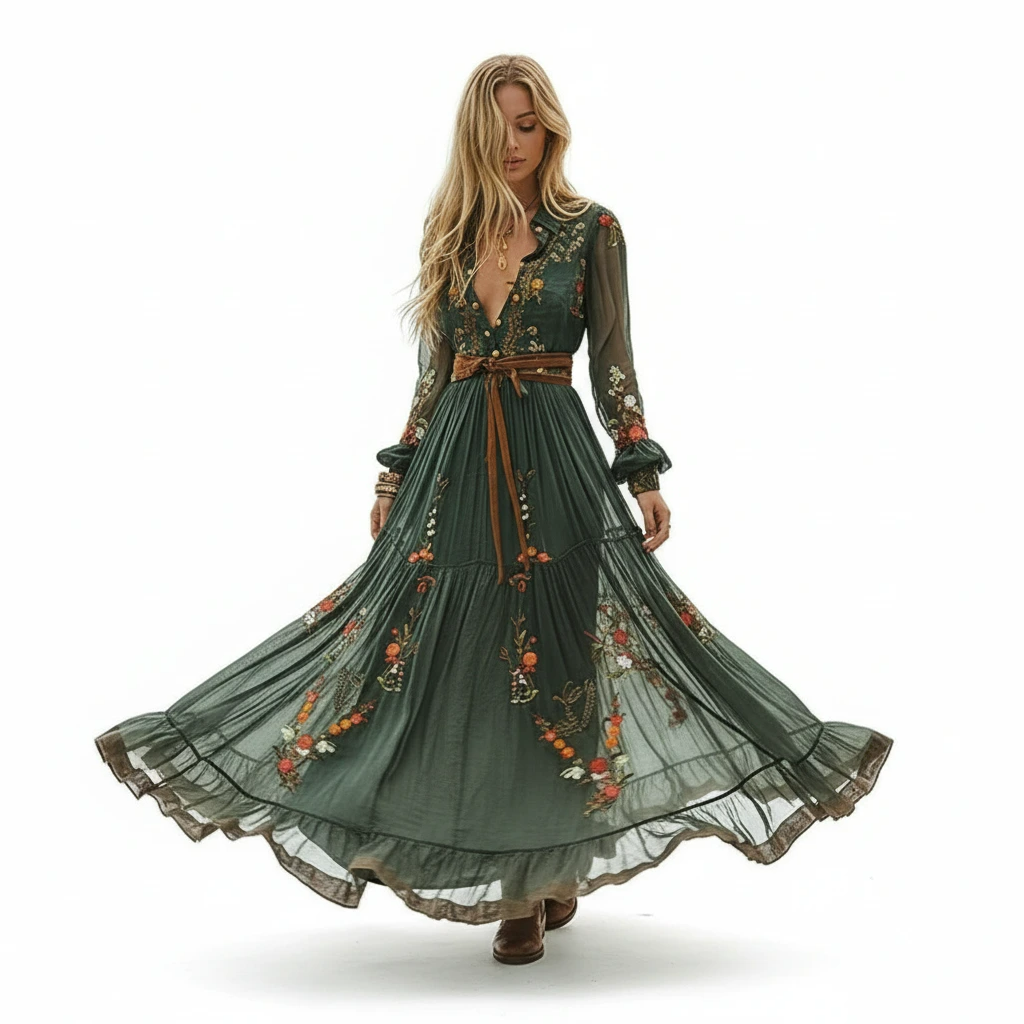 Jodie - Women's Embroidered Maxi Dress with a Belt