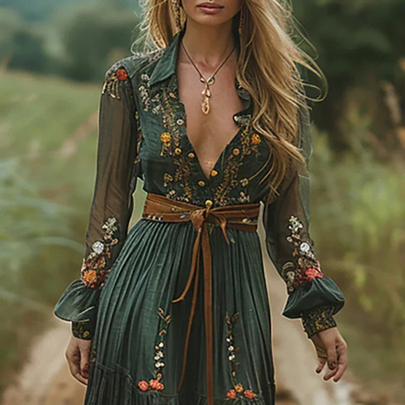 Jodie - Women's Embroidered Maxi Dress with a Belt
