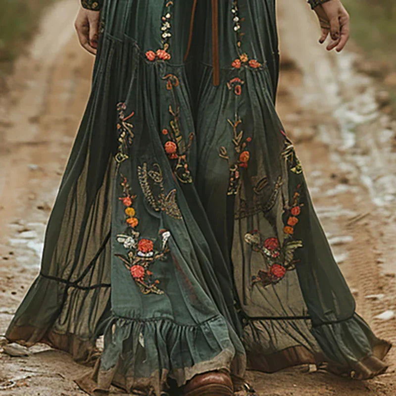 Jodie - Women's Embroidered Maxi Dress with a Belt