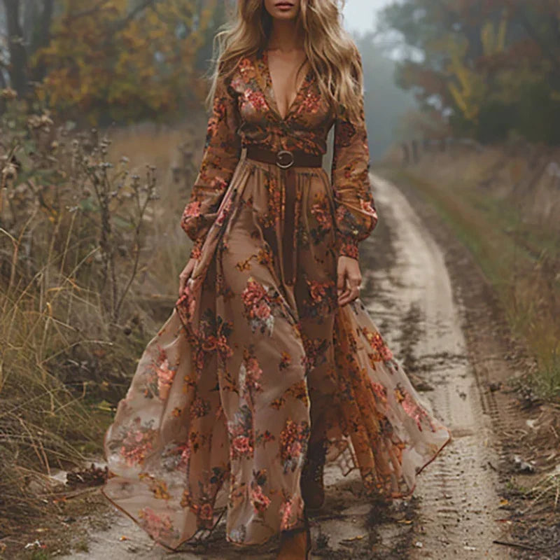 Jodie - Women's Embroidered Maxi Dress with a Belt