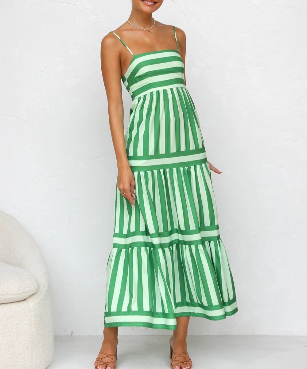 Harley - Women's Striped Tiered Midi Dress Cotton Blend for Casual Elegance