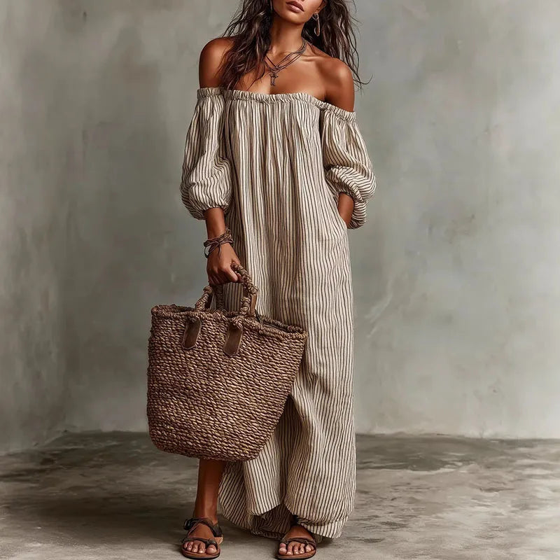 Danae - Women's Maxi Dress in Boho Print with Off-Shoulder Neckline - photo 1