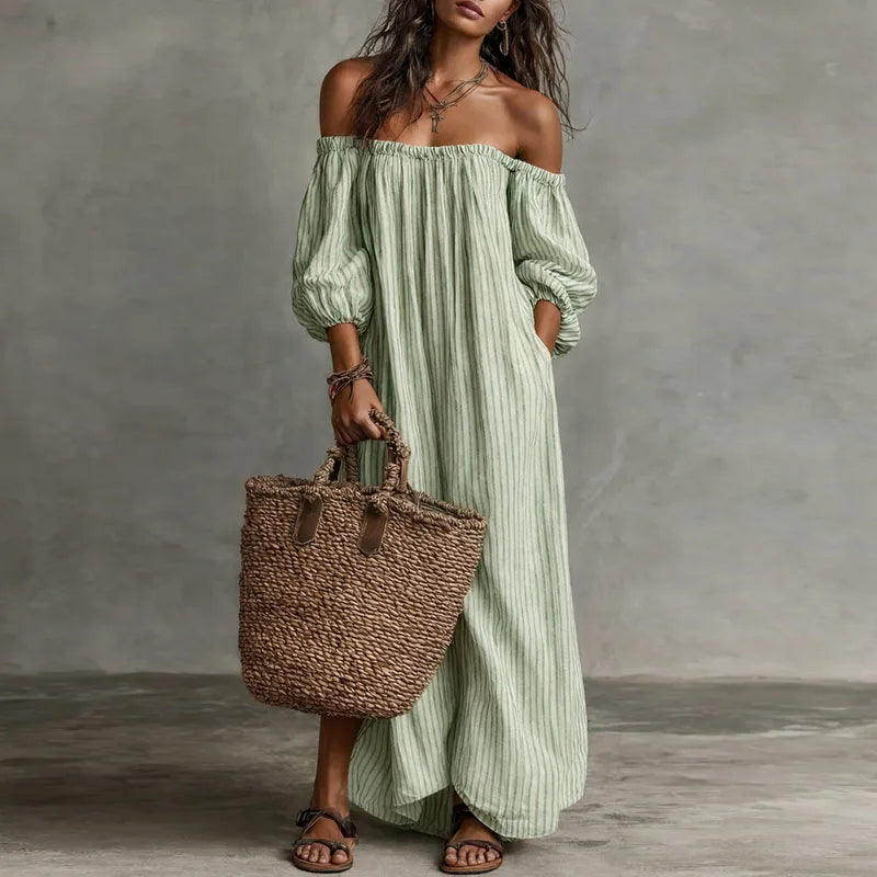 Danae - Women's Maxi Dress in Boho Print with Off-Shoulder Neckline - photo 2