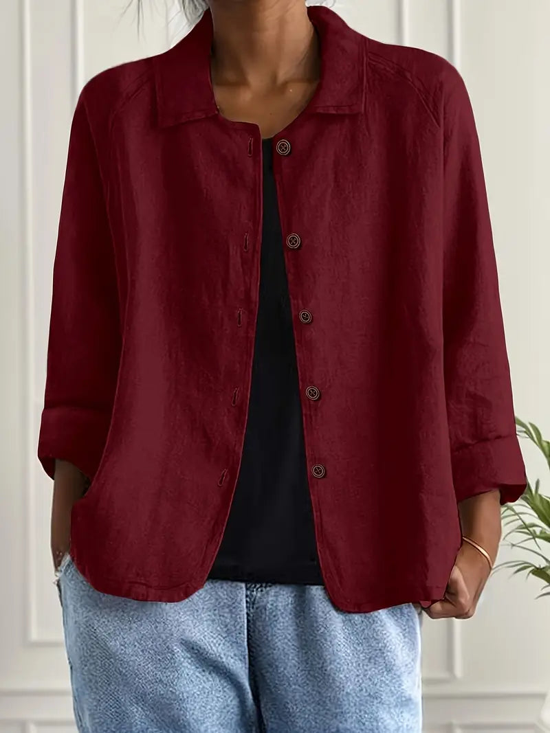 Women's linen-look button front overshirt in burgundy