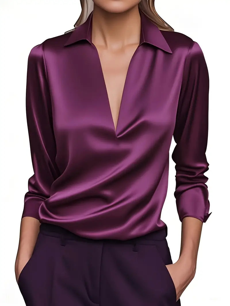 Camicia da donna a maniche lunghe con colletto e scollo a V