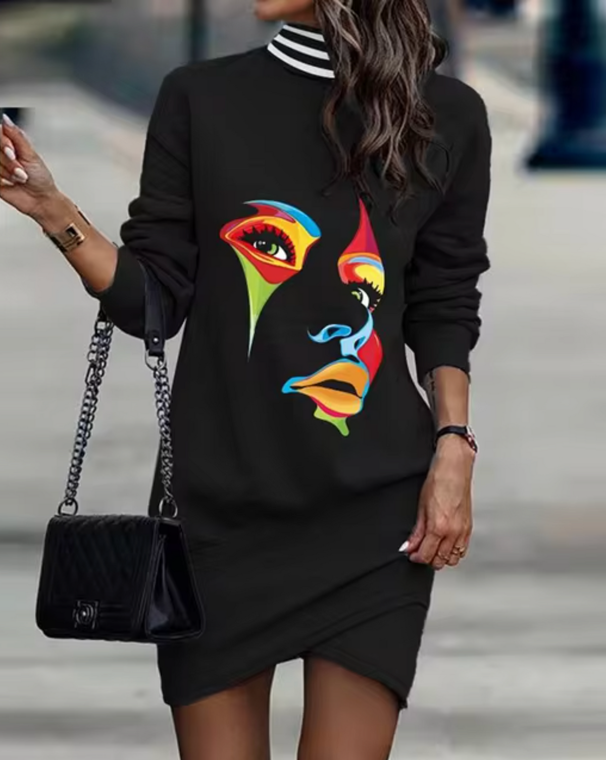 Dilys - Women's Relaxed Mini Dress with Asymmetric Hem in Black